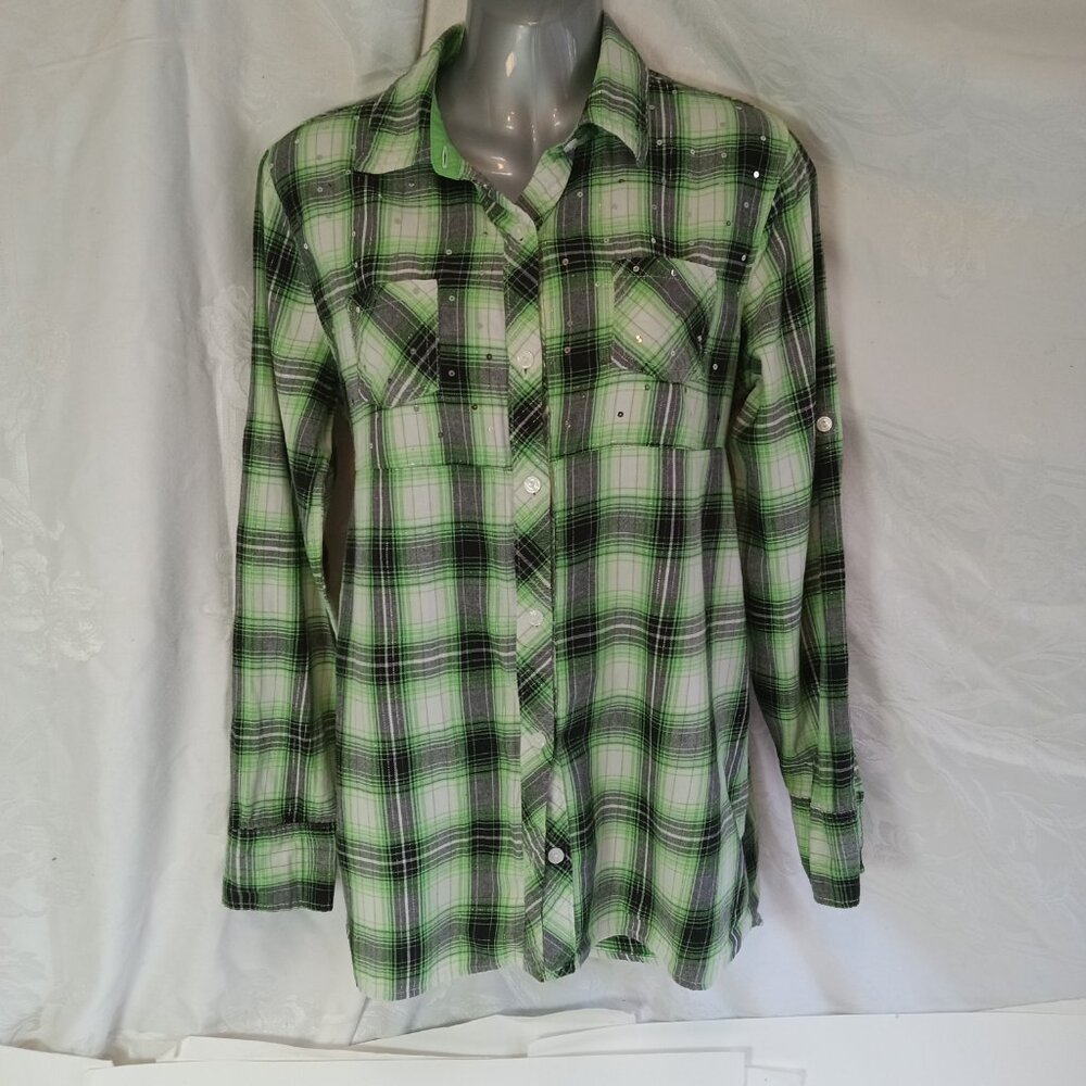 Girls Justice Green Black White Plaid Sequin Y2K Long Sleeve Dress Shirt 20 XL